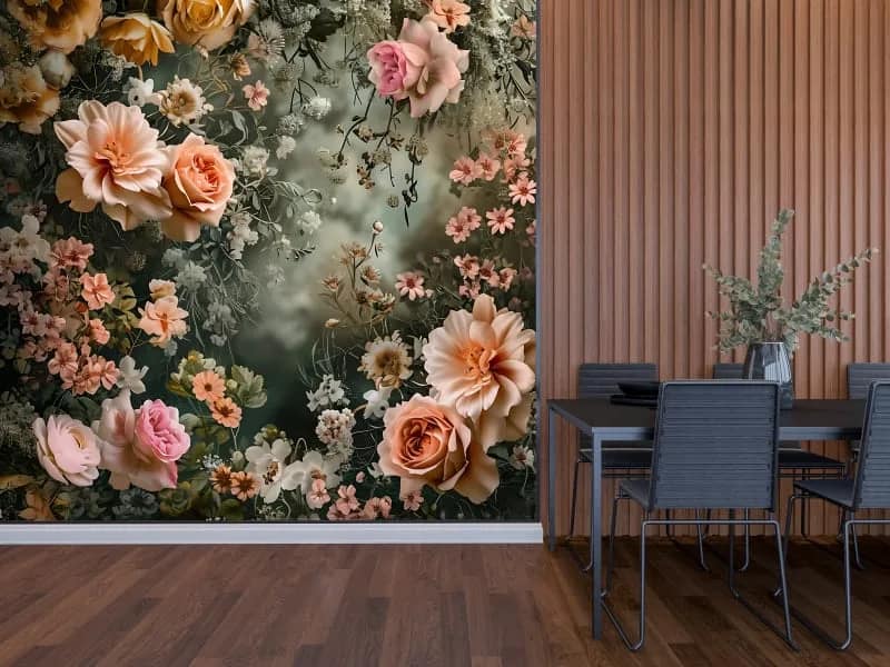 Yeşil Zeminli Pembe Gül Çiçekli 3D Duvar Kağıdı