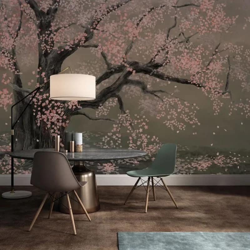 Pembe Sakura Ağaçlı Japon Duvar Kağıdı