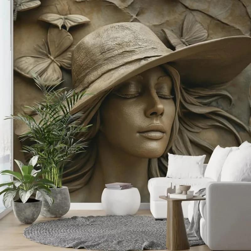 Bronz Şapkalı Kadın Kabartma 3D Duvar Kağıdı