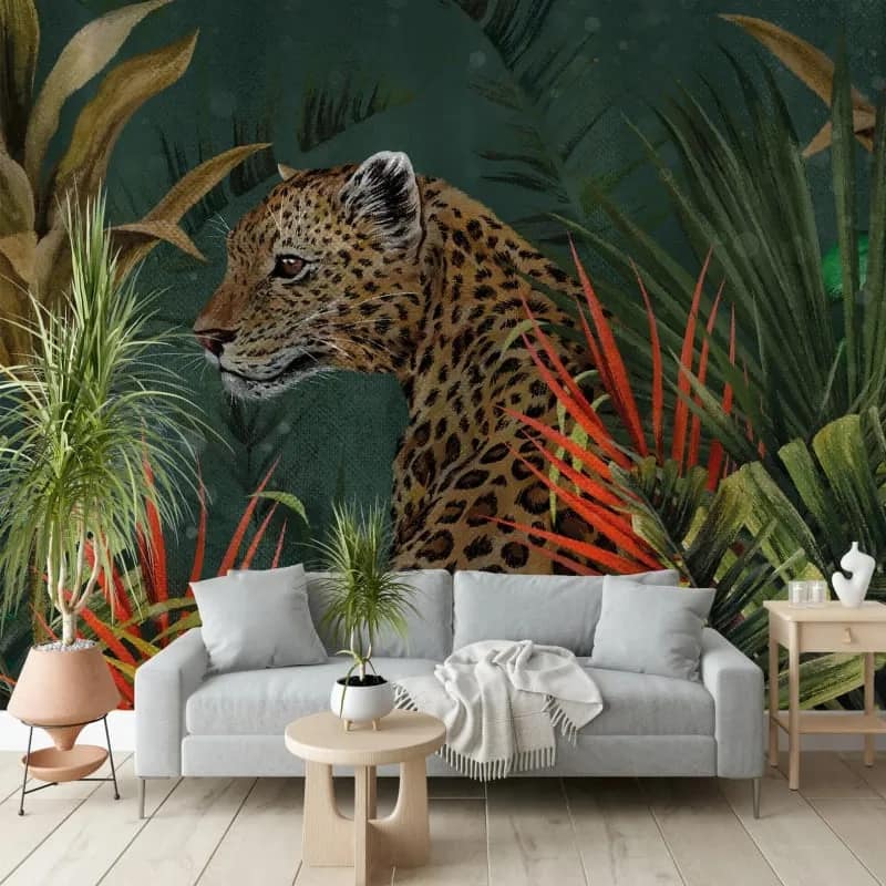 Koyu Yeşil Leoparlı Tropikal Duvar Kağıdı