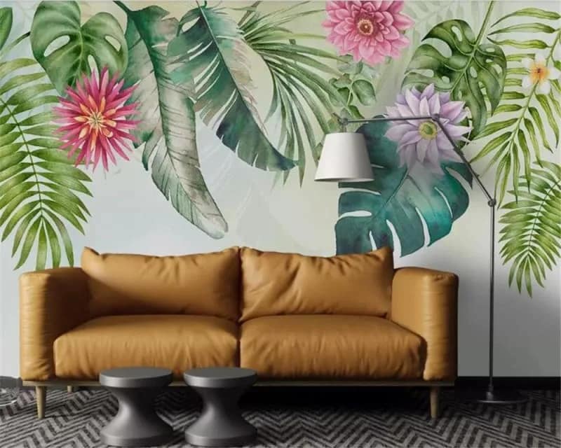 Yeşil Monstera Yapraklı Çiçekli Duvar Kağıdı