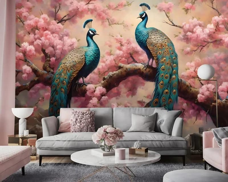 Pembe Sakura Ağaçlı Tavus Kuşlu Duvar Kağıdı