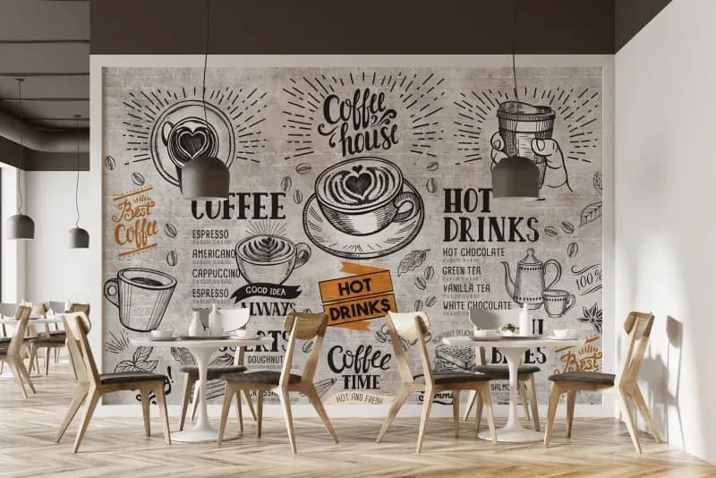 Gri Çizim Kahve Menülü Kafe Duvar Kağıdı
