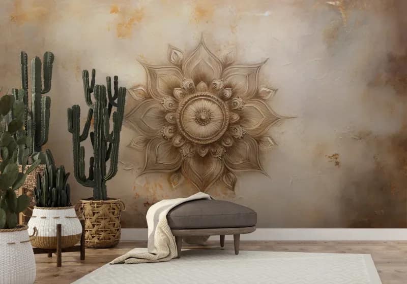 Bej Kabartma Mandala Desenli 3D Duvar Kağıdı