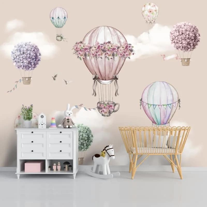 Pudra Çiçekli Uçan Balonlar Bebek Odası Duvar Kağıdı