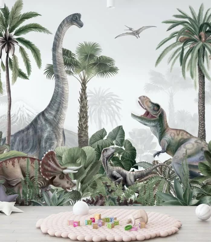 Palmiyeli Orman Dinozorlu Çocuk Odası Duvar Kağıdı