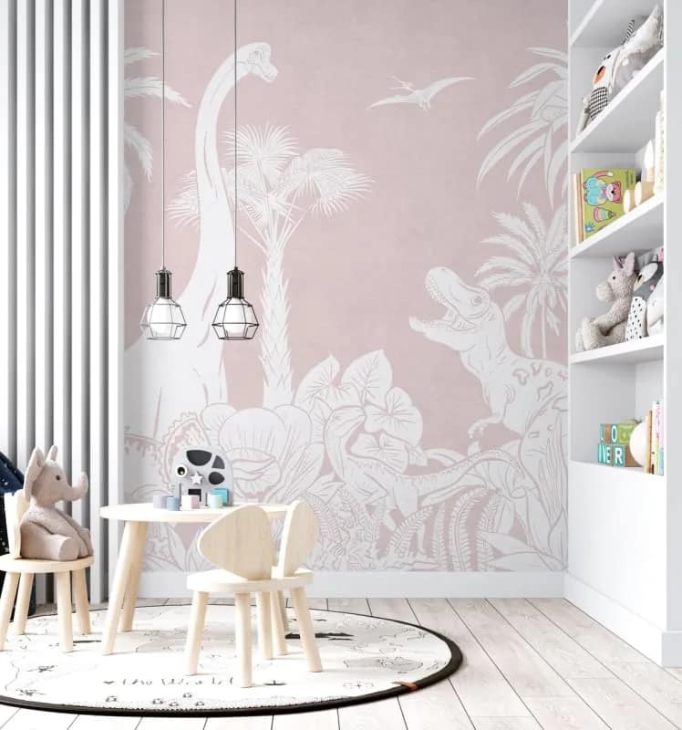Pembe Çizgisel Dinozorlu Çocuk Odası Duvar Kağıdı