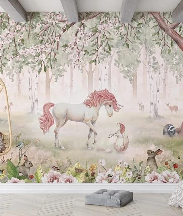 Pembe Çiçekli Orman Unicornlu Çocuk Odası Duvar Kağıdı