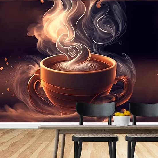 Dumanı Tüten Kahve Fincanlı Kafe Duvar Kağıdı