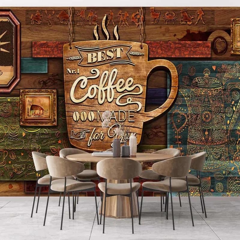 Ahşap Görünümlü Vintage Kahve Kafe Duvar Kağıdı