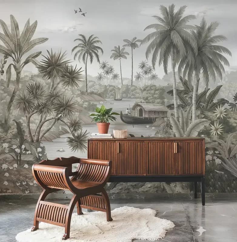 Gri Vintage Palmiyeli Nehir Manzaralı Duvar Kağıdı