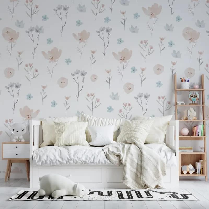 Beyaz Zeminli Minimal Çiçekli Bebek Odası Duvar Kağıdı