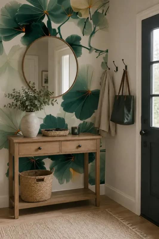 Beyaz Zeminli Yeşil Ginkgo Yapraklı Duvar Kağıdı
