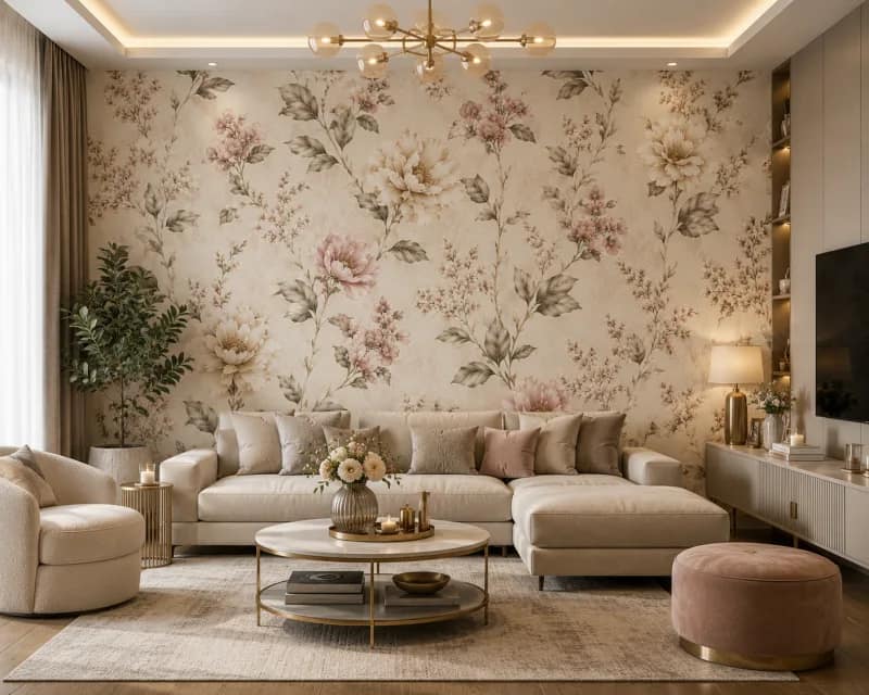 Krem Vintage Pembe Çiçekli Duvar Kağıdı